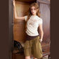 Women's Cropped T-Shirt with Heart Graphic Print, Ruched Side Short Sleeve Top for Everyday