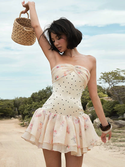 Sweet Style Patchwork Dress Women Polka Dot Floral Print Folds Tierred Skinny Summer Fashion Vacation Chic Mini Bodycon
