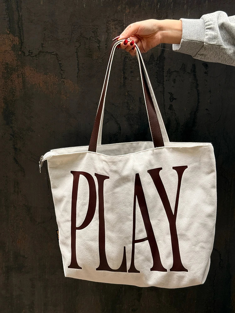 Off White Large Canvas Tote Bag with Bold Maroon "PLAY" Print for Women