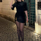 Women Black Short Sleeve Bodycon Mini Dress Elegant Round Neck Ruched Waist With Gold Button Detail Party Club Dress