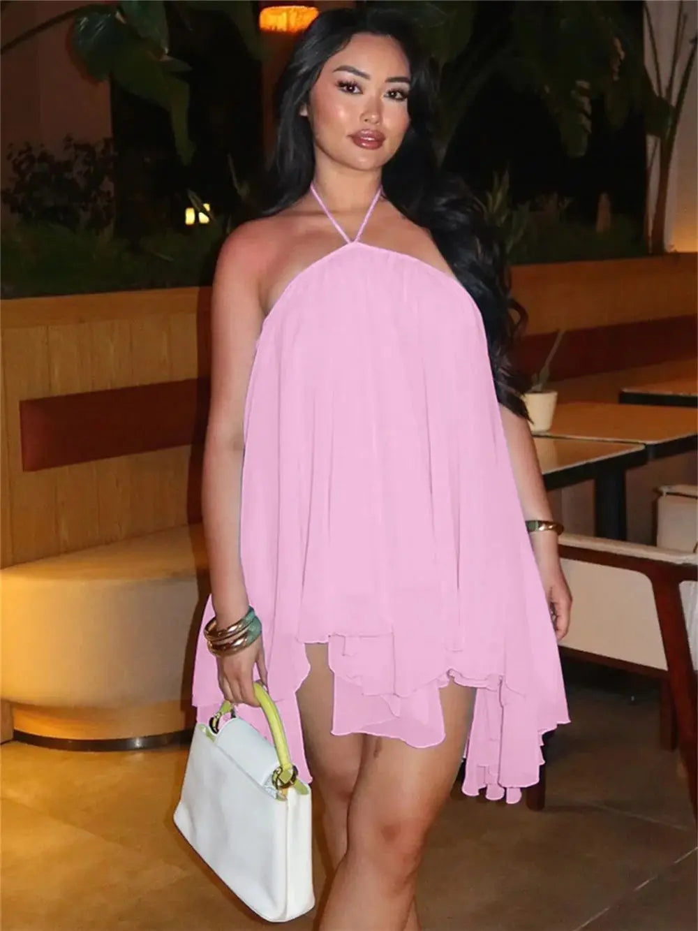 Halter Loose Dress Women Y2K Summer Sleeveless Backless Tiered Lrregular Hem Beach Vacation Sexy Trend Party Bodycon