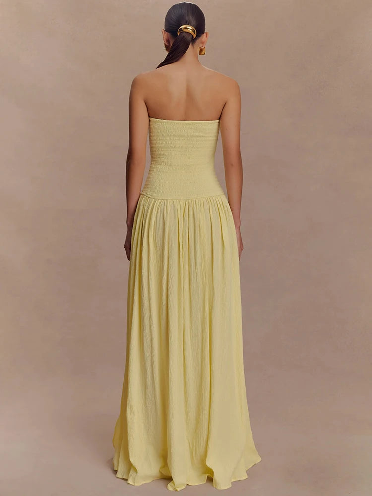 Off-shoulder Strapless Sexy Maxi Dress Women Elegant Sleeveless Backless Thigh High Split Pleated Club Party Long Dress