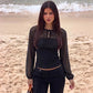 Tie-front Mesh Patchwork Long Sleeve Tops Elegant Fashion Black Shirts for Women Clothes Autumn 2026