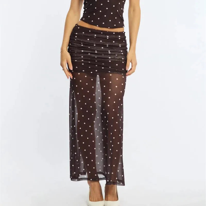 Women Polka Dot Mesh Maxi Skirt High Waist Side Ruched Double Layer See Through Mermaid Bodycon Long Skirt Night Club