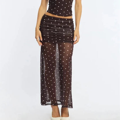 Women Polka Dot Mesh Maxi Skirt High Waist Side Ruched Double Layer See Through Mermaid Bodycon Long Skirt Night Club