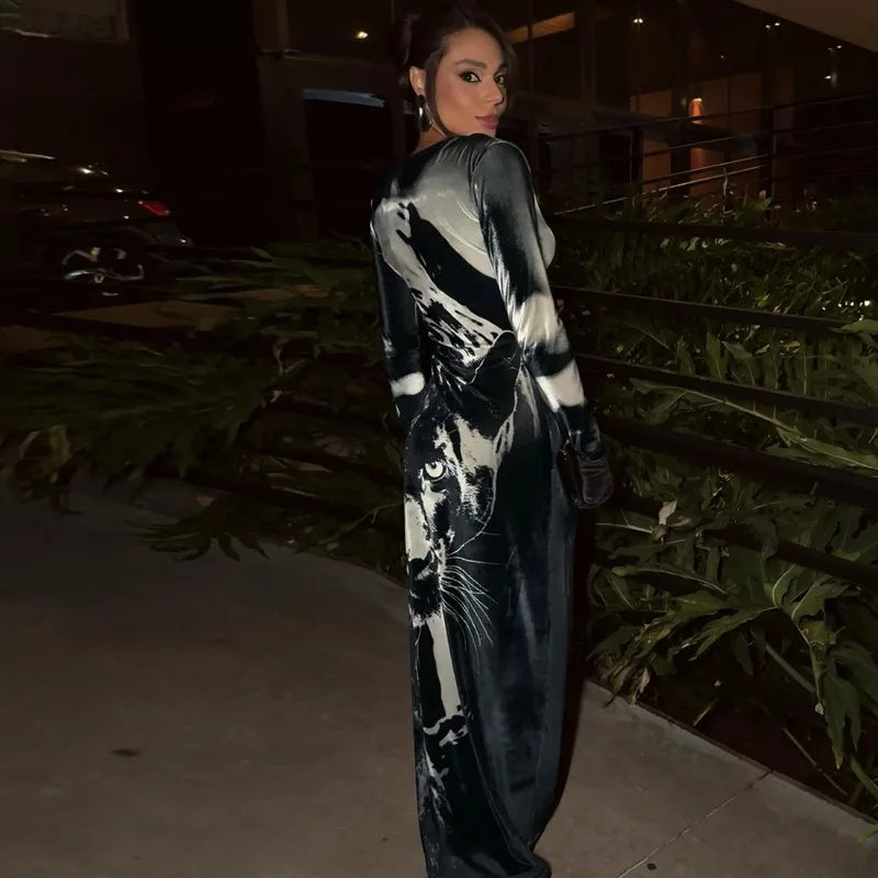 Animal Printed Black Dress Woman Elegant Crew Neck Long Sleeve Maxi Dresses Fall Fashion 2025