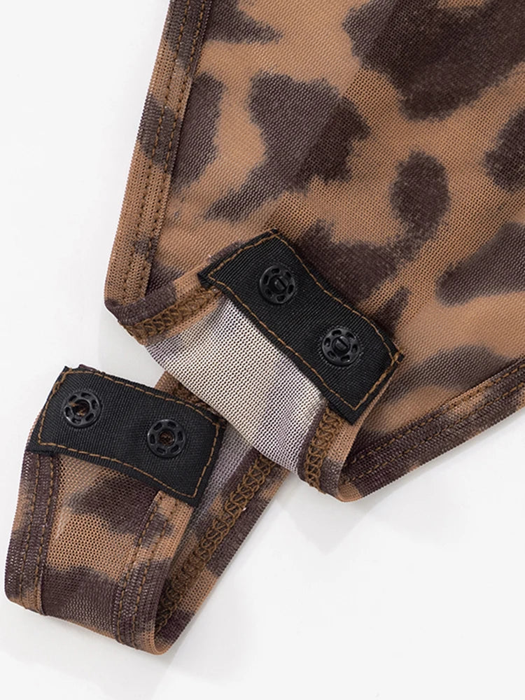 Leopard Print Sexy Mesh 2 Piece Set Women Turtleneck Full Sleeve Bodysuit+Skinny Peach Hip Long Pants Wild Style Suit