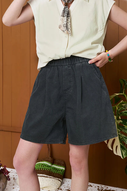 Women's Elastic Waist Cotton Shorts, High Waist Casual Wide Leg Denim Shorts, Loose Fit Loungewear for Summer