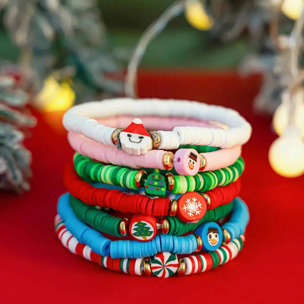 7Pcs/Set New Santa Claus Snowflake Christmas Tree Bracelet for Women Stackable Colorful Soft Ceramic Beaded Bracelet 2026