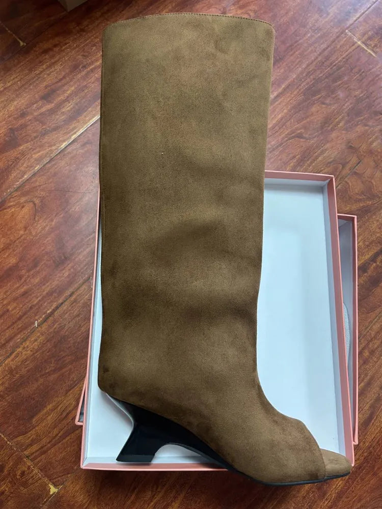 Women's Fish Mouth Thick High Heels Knee Length Cool Boots Slant Heel Fashion Show Large Size Spring/Summer Women's Boots