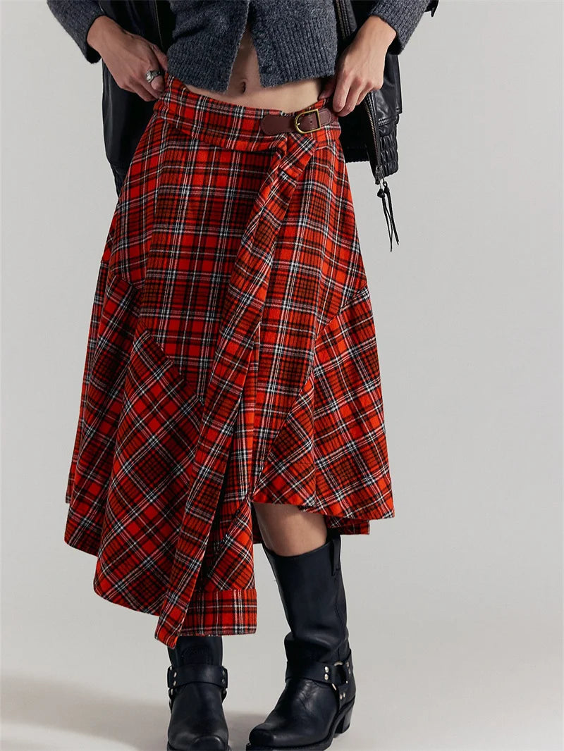 Vintage Asymmetrical Plaid Maxi Skirt for Women Gothic Pirate Elastic Waist A-Line Pleated Long Skirts Y2K Streetwear