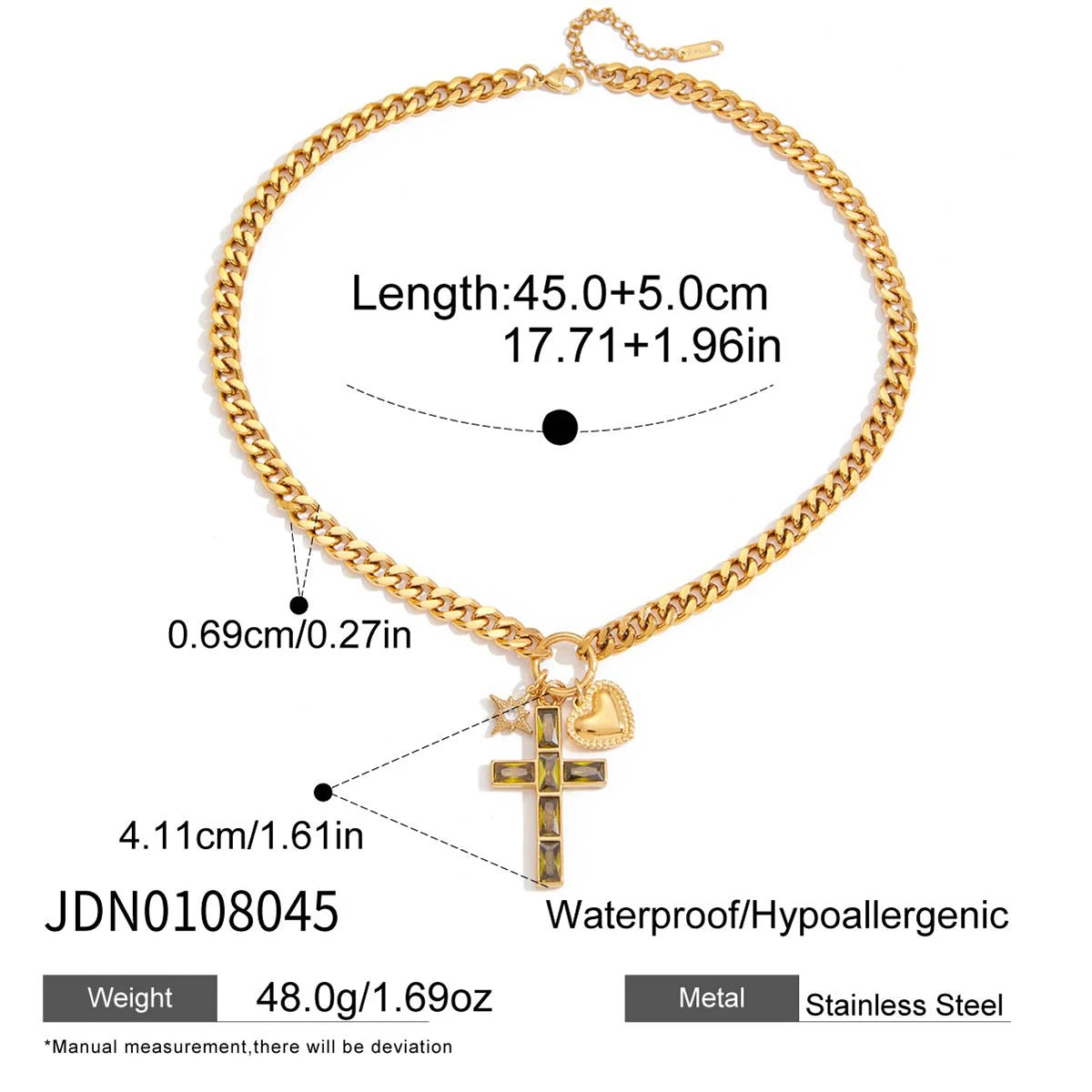 Y2K Patchwork Chain Design Stainless Steel Necklace Paperclip + Glossy Pentagram Cross with Zirconia Pendant Necklace