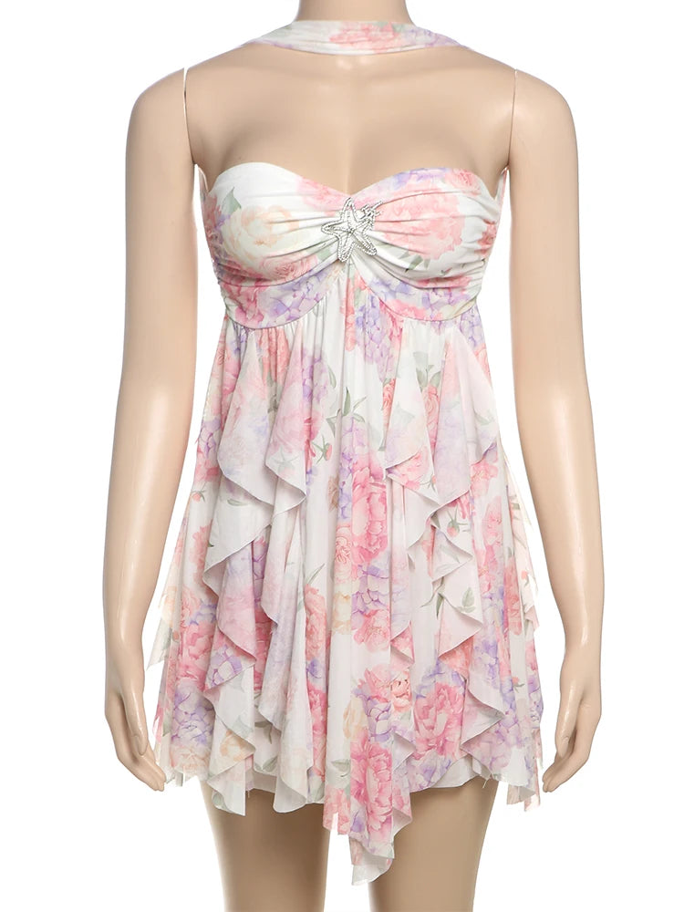 Metal Starfish Dress Women Low-Nec Chest Wrap Halter Irregular Ruffles Hem Backless Sleeveless Vacation Mini Bodycon