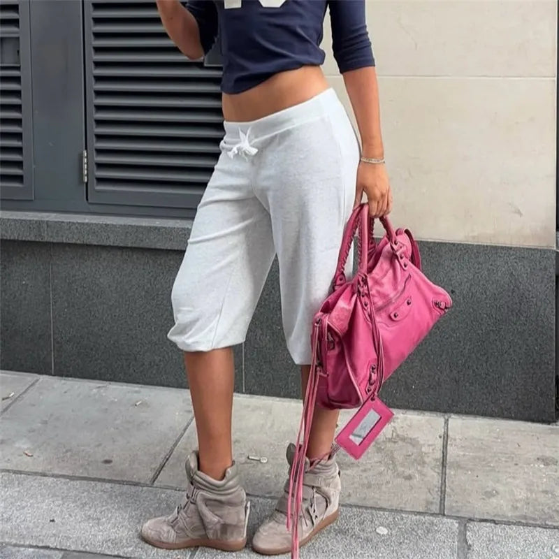 Women Low Waist Drawstring Capri Sweatpants Loose 3/4 Length Cropped Casual Pants Y2K Streetwear Daily Loungewear