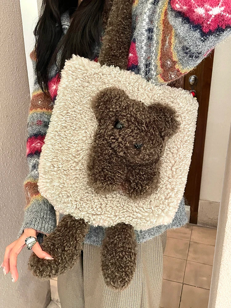 Y2K Cute Lambswool 3D Bear Soft Warm Shoulder Bag For Women