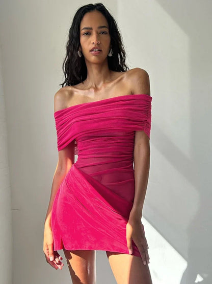 Sheer Mesh Splicing Off Shoulder Mini Dresses for Women Sexy Summer Dress 2025 Party Night Club Outfits