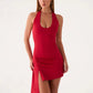 Women Halter U Neck Mini Dress Side Ruched High Split Asymmetrical Draped Bodycon Dress Club Night Out Party Vestidos