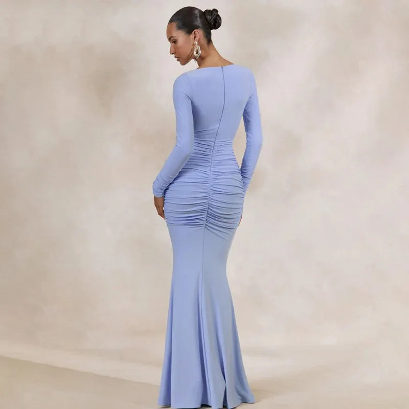 Long Sleeve Draped Front Maxi Dress 2026 Evening Gown White Classy Dresses for Woman Elegant Fall Clothing