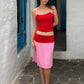 Color Blocking 2-Piece Set Women Low-Neck Skinny Camisole+Patchwork Elastic Waist Skirt Street Vacation Streetwear
