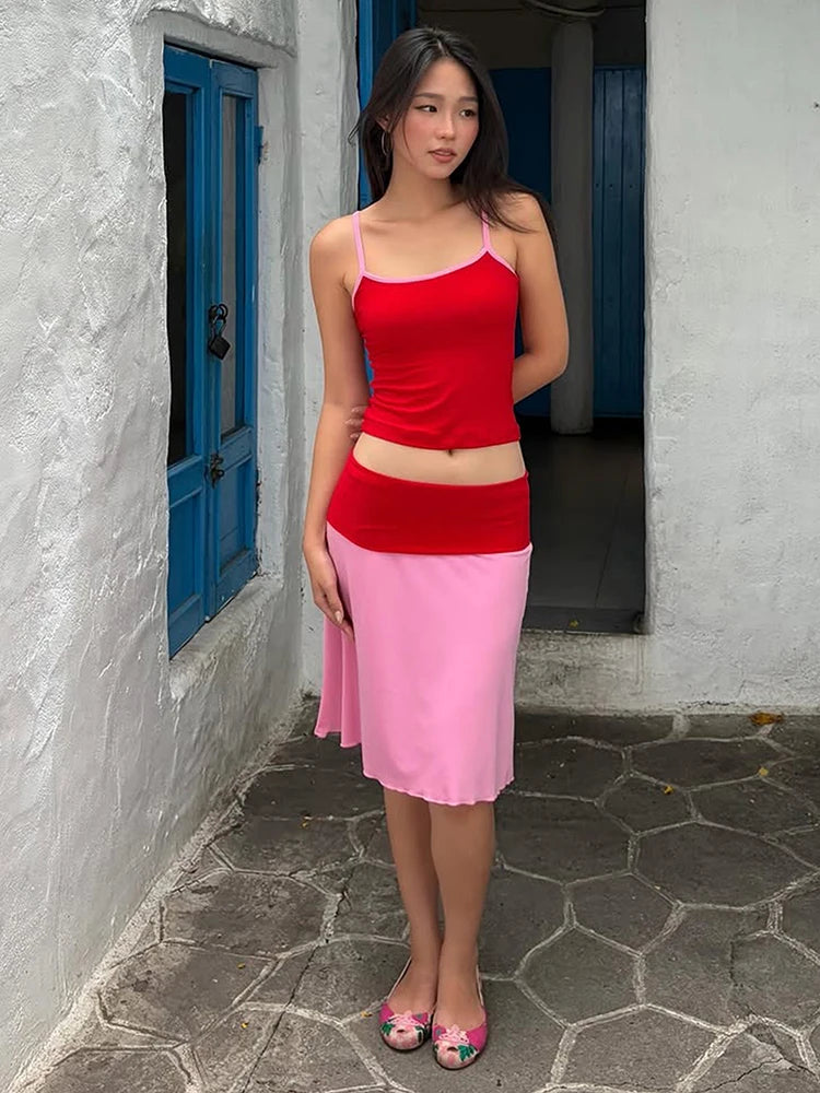 Color Blocking 2-Piece Set Women Low-Neck Skinny Camisole+Patchwork Elastic Waist Skirt Street Vacation Streetwear