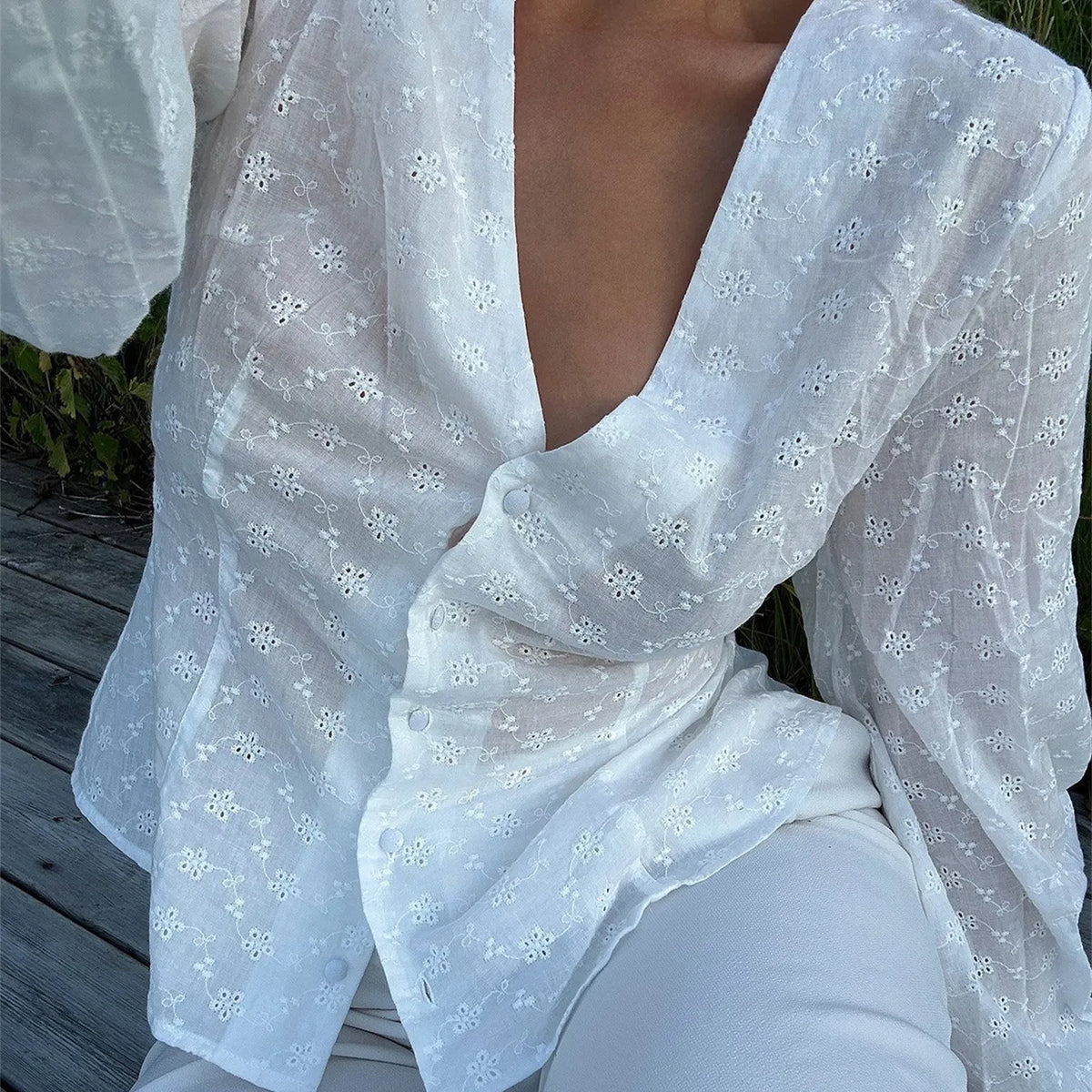 Women's Fall Button Up Blouse Casual Loose Fit Stylish Embroidered Solid Color Eyelet V Neck Long Sleeve Tops