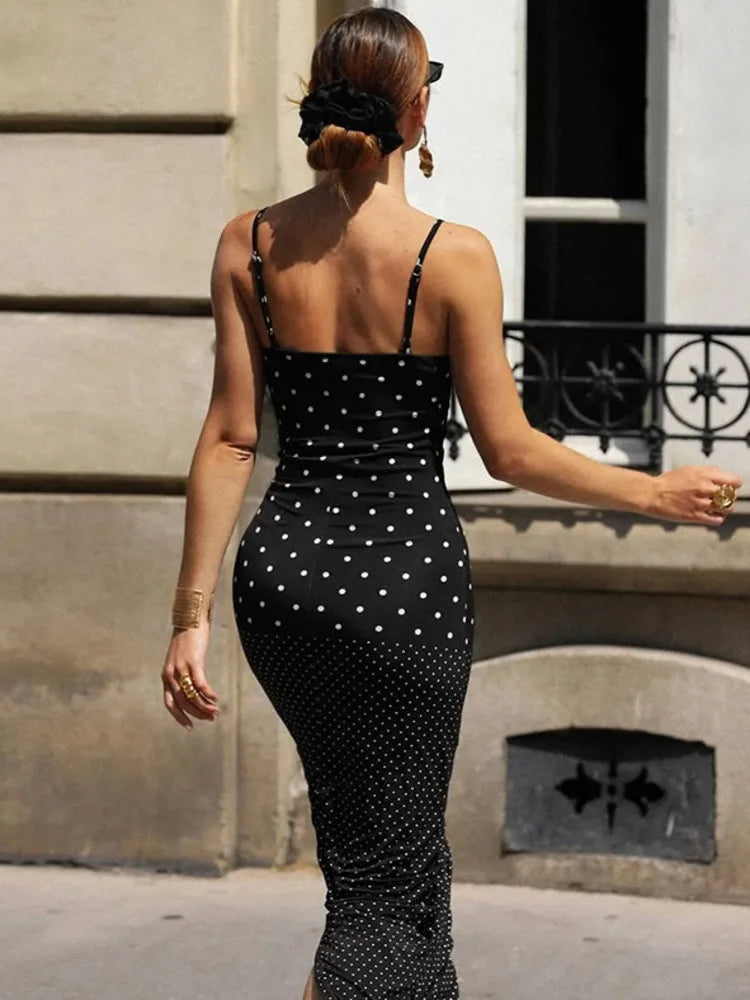 Spaghetti Strap Polka Dot Sexy Maxi Dress Women Gown Elegant Sleeveless Backless Bodycon Club Party Long Dresses Female