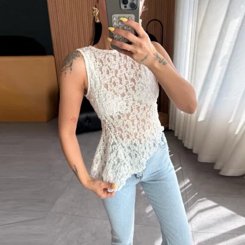 Sleeveless Asymmetrical Tops for Woman Clothing Sexy Summer See Through Lace Shirts & Blouses