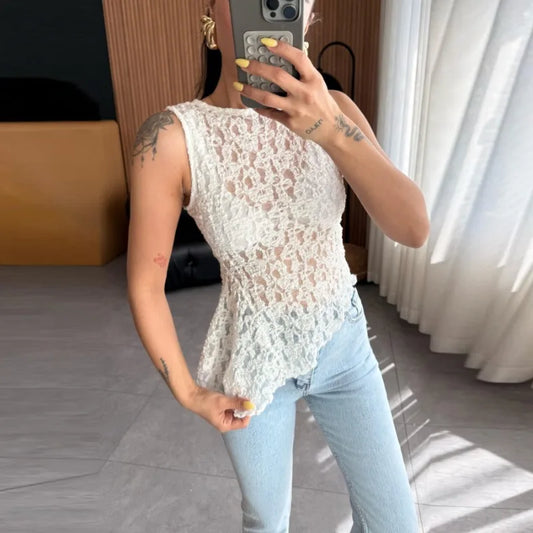 Sleeveless Asymmetrical Tops for Woman Clothing Sexy Summer See Through Lace Shirts & Blouses