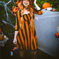 Gothic Striped Dress for Women Square Neck 3/4 Sleeve Lace Edge A Line Midi Dress Witch Cosplay Party Costume
