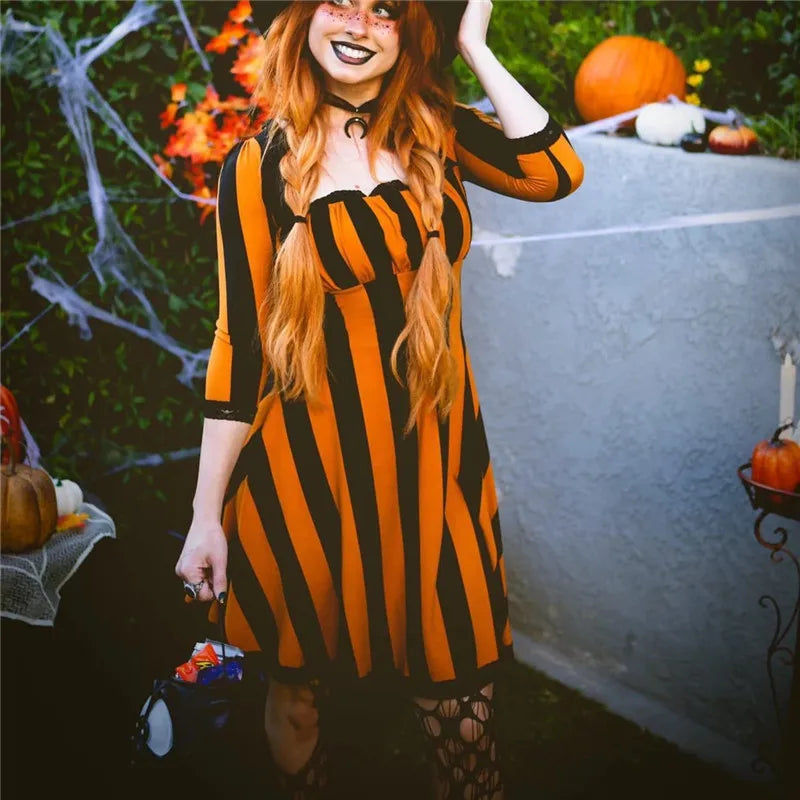 Gothic Striped Dress for Women Square Neck 3/4 Sleeve Lace Edge A Line Midi Dress Witch Cosplay Party Costume