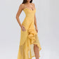 Ruffled Draped Ruched Sexy Maxi Dress For Women Yellow Spaghetti Strap Sleeveless Backless Club Party Sexy Long Dress