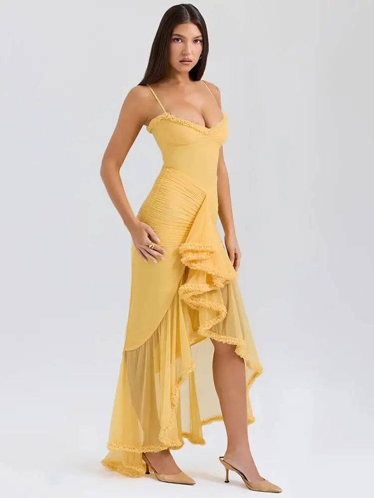 Ruffled Draped Ruched Sexy Maxi Dress For Women Yellow Spaghetti Strap Sleeveless Backless Club Party Sexy Long Dress