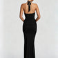 Women Halter Mermaid Sexy Maxi Dress Hollow Out Cutout Metal Lock Decor Ruched Bodycon Dress Evening Party Club Dress