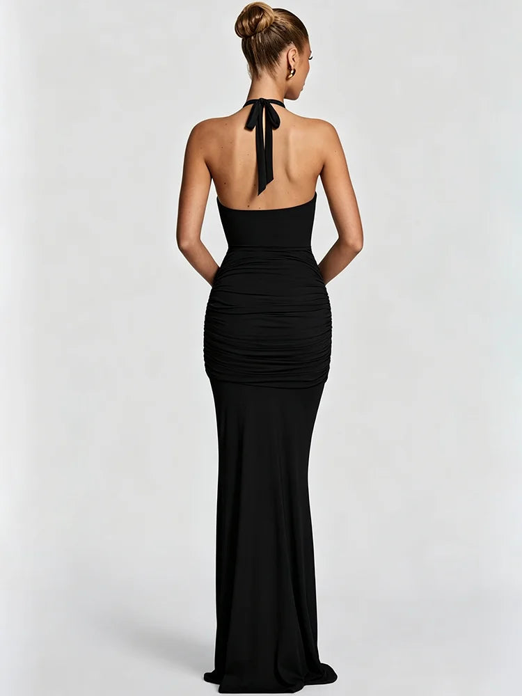 Women Halter Mermaid Sexy Maxi Dress Hollow Out Cutout Metal Lock Decor Ruched Bodycon Dress Evening Party Club Dress