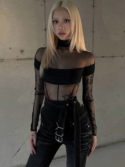 Patchwork Half Turtleneck Bodysuits Women See Through Fake Fishbone Decoration Sexy Party Street Fashion Midnight Outfit
