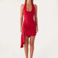 Women Halter U Neck Mini Dress Side Ruched High Split Asymmetrical Draped Bodycon Dress Club Night Out Party Vestidos