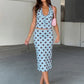 Polka Dot Halter Top And Skirt Set Women Blue Drawstring Ruched Two Piece Midi Dress Sleeveless Backless Dress Set