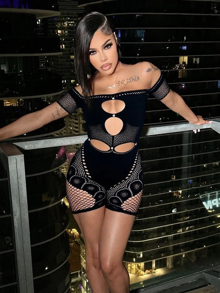 Sexy Hollow Playsuits Woman Diamond Summer Hipster Midnight Short Sleeve O-Neck Slash Neck Streetwear Skinny Romper