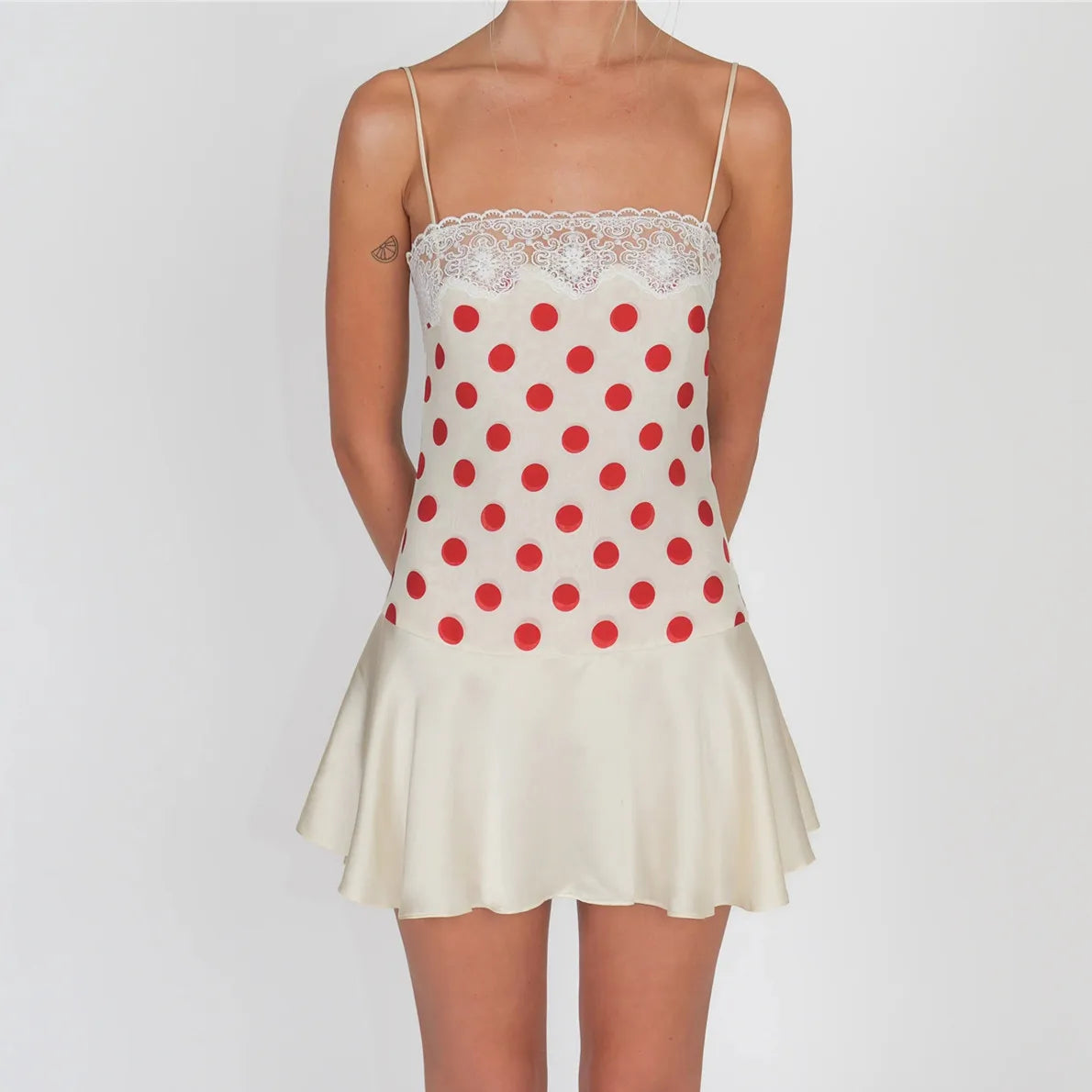 Y2K Polka Dot Sexy Mini Dress Women Summer Lace Satin Spaghetti Strap Sleeveless Backless Slim Fit Beach Club Dress