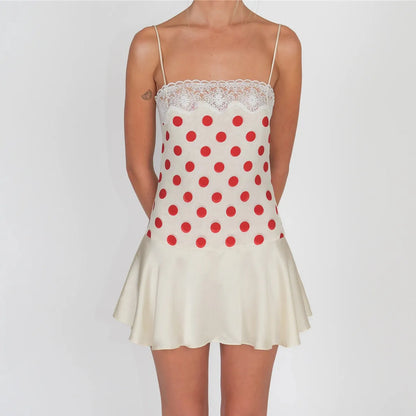 Y2K Polka Dot Sexy Mini Dress Women Summer Lace Satin Spaghetti Strap Sleeveless Backless Slim Fit Beach Club Dress
