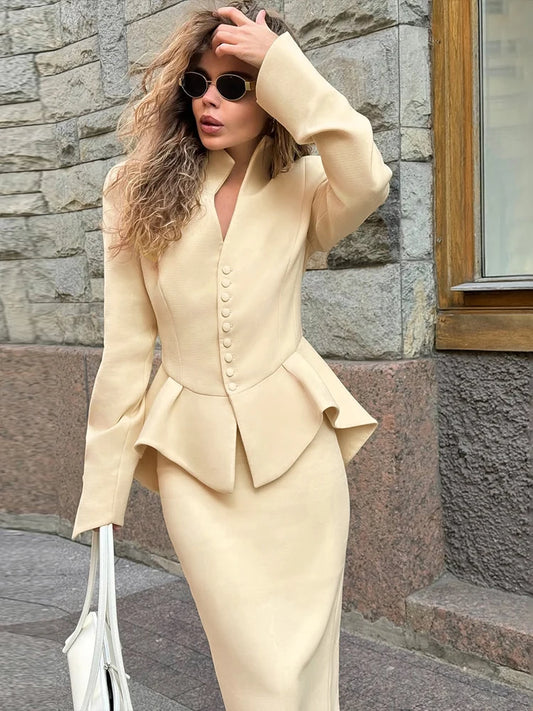 Elegant Office 2Piece Set Women Classic Long Sleeve Single Button Ruffled Jacket+Peach Hip Mid Skirt Matching Outfits