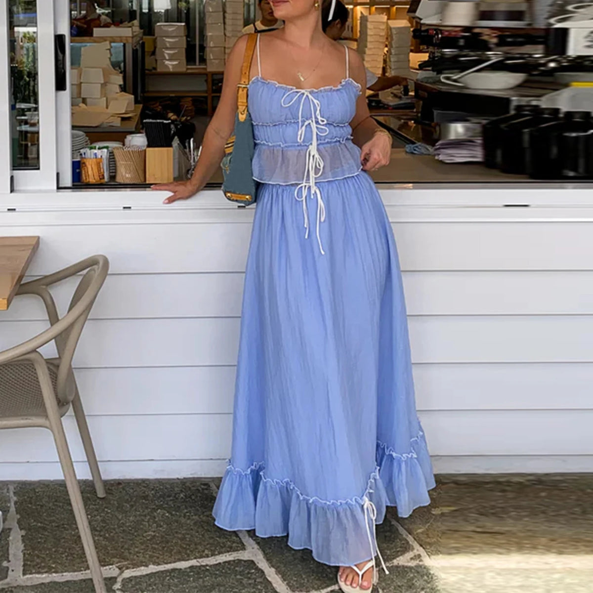 Women Y2k 2 Piece Outfits Patchwork Front Tie-Up Camisoles and Ruched Ruffle Maxi Skirt Matching Set Beachwear
