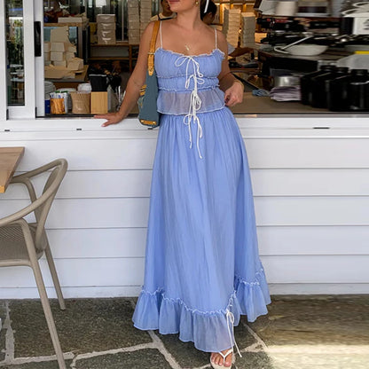 Women Y2k 2 Piece Outfits Patchwork Front Tie-Up Camisoles and Ruched Ruffle Maxi Skirt Matching Set Beachwear