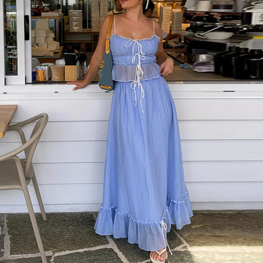 Women Y2k 2 Piece Outfits Patchwork Front Tie-Up Camisoles and Ruched Ruffle Maxi Skirt Matching Set Beachwear