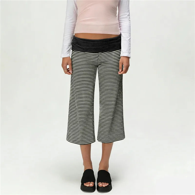 Fold Over Gaucho Pants for Women Flowy Wide Leg Yoga Capris Summer Casual Elastic Low Rise Cropped Palazzo Culottes