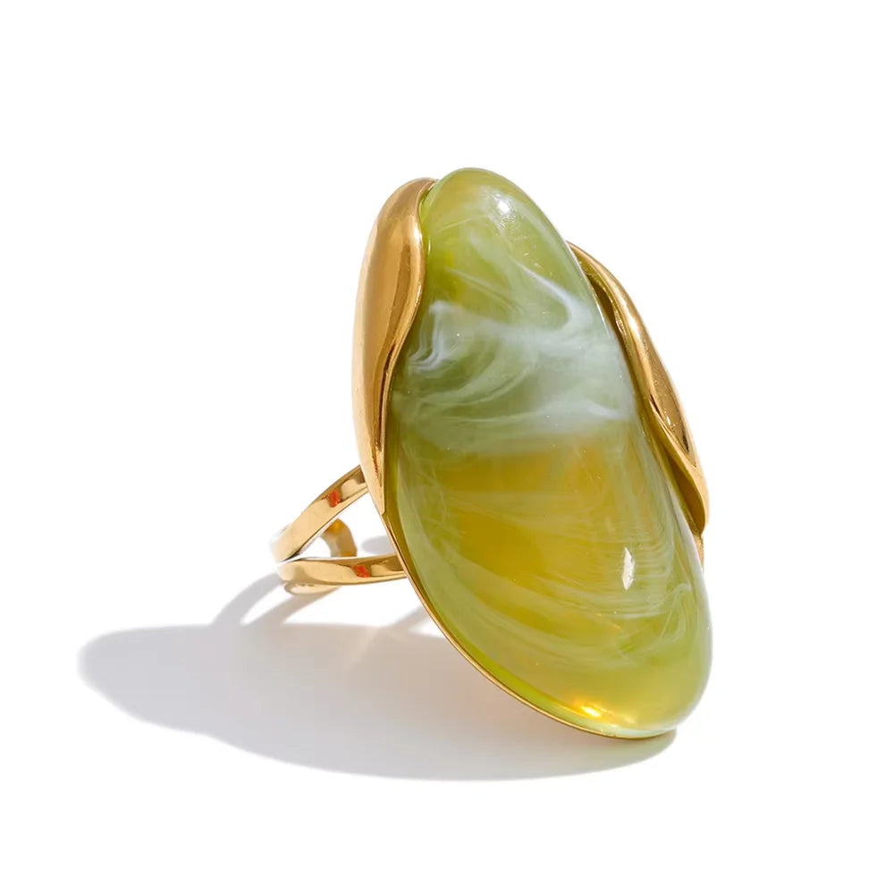 New Design Brown Green Beige Resin Geometric Adjustable Ring Golden PVD Stainless Steel Rust Proof Finger Jewelry Gift