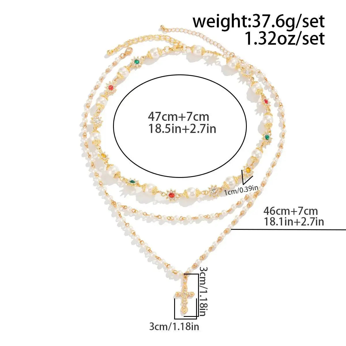 2Pcs/Set Boho Exquisite Imitation Pearl Acrylic Rhinestone Choker Necklace Trend Gold Color Cross Pendant Necklace Jewelry