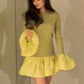 Long Flare Sleeve Knitted Sexy Mini Dress For Women Autumn Winter New Patchwork O Neck A-line Knit Puffy Dress Elegant