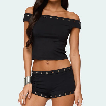 Women Summer Y2K 2 Piece Outfits Stylish Studded Sleeveless Off Shoulder Tops and Elastic Waist Shorts Chic Streetwear