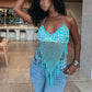 Sequin Shell Decor Hollowed Backless Camisoles with Triangle Tassels Womens Summer Lace-up Halter Neck Knit Vest Beach